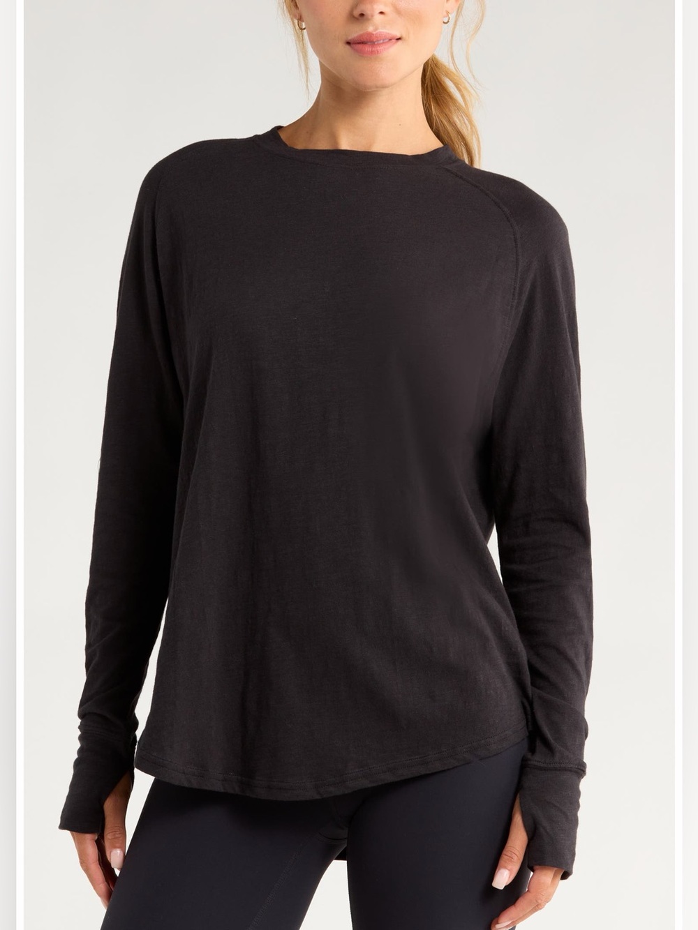 Zella Relaxed Washed 2.0 Long Sleeve Slub Cotton Tee, Black. Sz L NWT